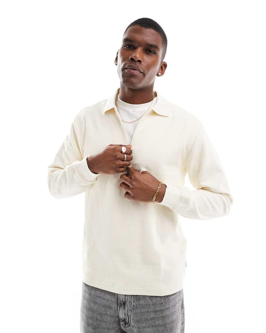 Only & Sons White Long Sleeve 1/4 Zip Polo Top for men