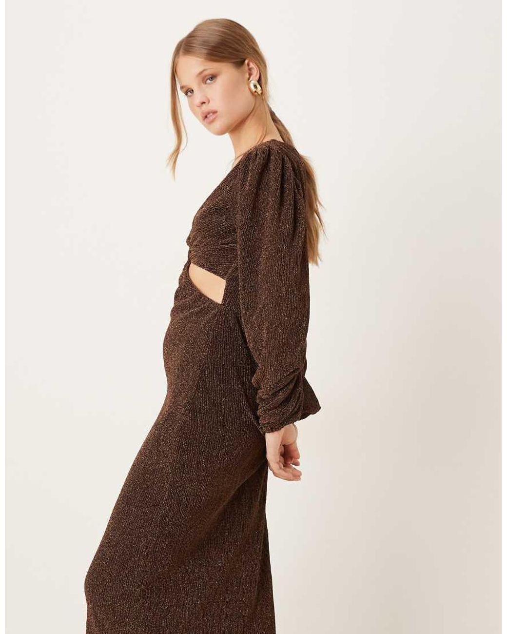 Pretty Lavish Brown Shimmer V Neck Balloon Sleeve Cut Out Maxi Dress