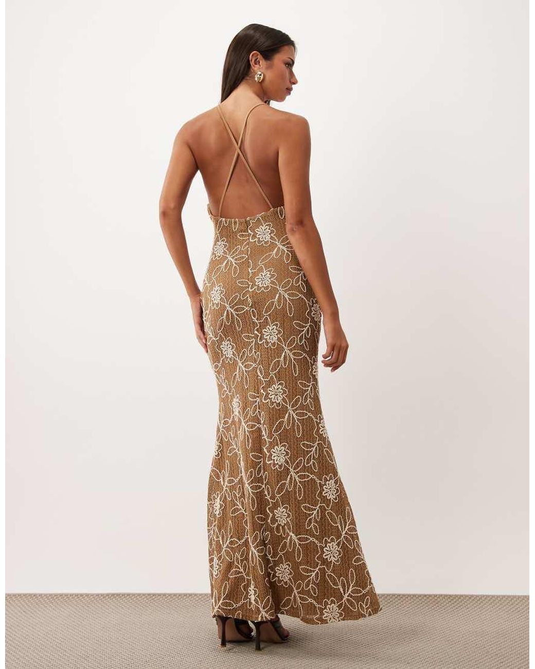 ASOS Natural Embroidered Crochet Maxi Dress With Cut Outs