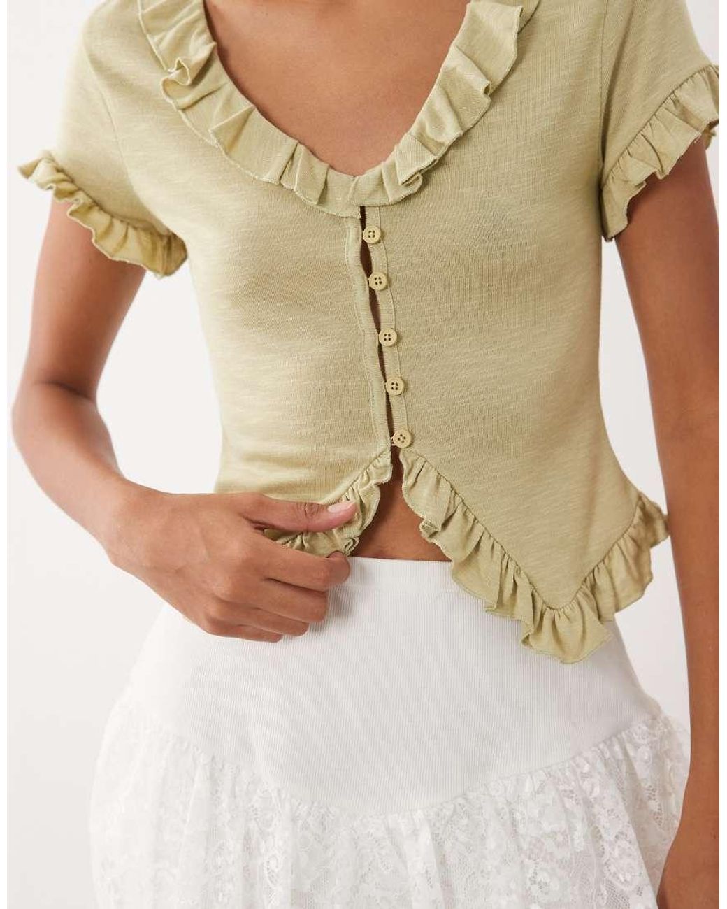 Miss Selfridge Natural V-Neck Button Through Ruffle Top