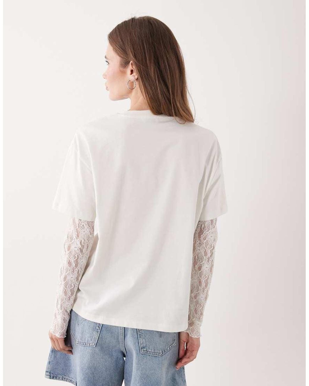 Miss Selfridge White Oversized Tshirt With Lace Sleeve