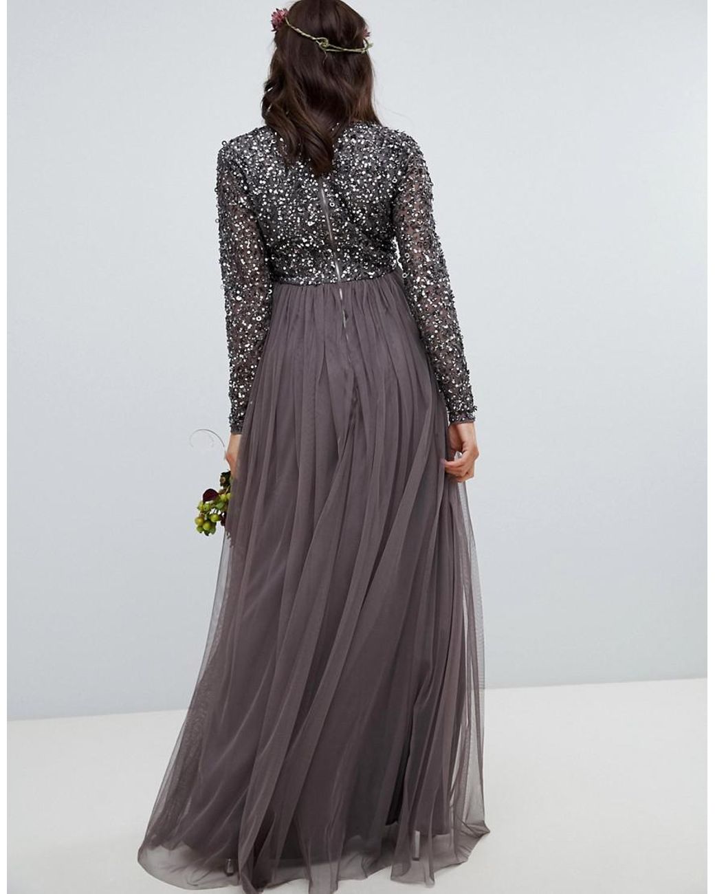 Maya Maternity Long Sleeve Wrap Front Maxi Dress With Delicate Sequin And Tulle  Skirt In Charcoal in Gray | Lyst