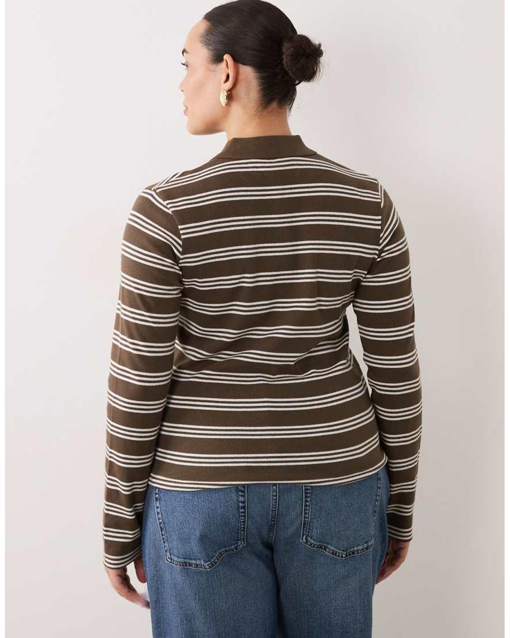 Brave Soul Brown Brave Soul Curve Long Sleeve Ribbed Polo Top