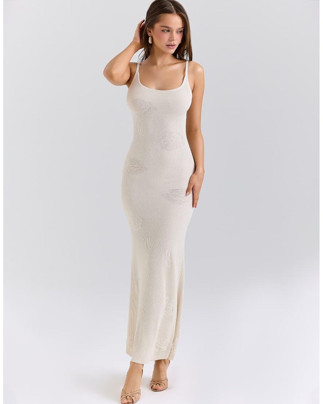 House Of Cb White Dara Ecru Knit Rose Embroidered Maxi Dress