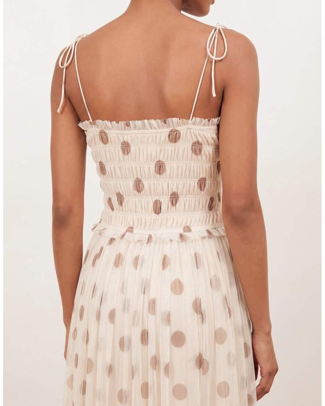 ANAYA Natural Polka Dot Shirred Self-Tie Cami Midi Dress