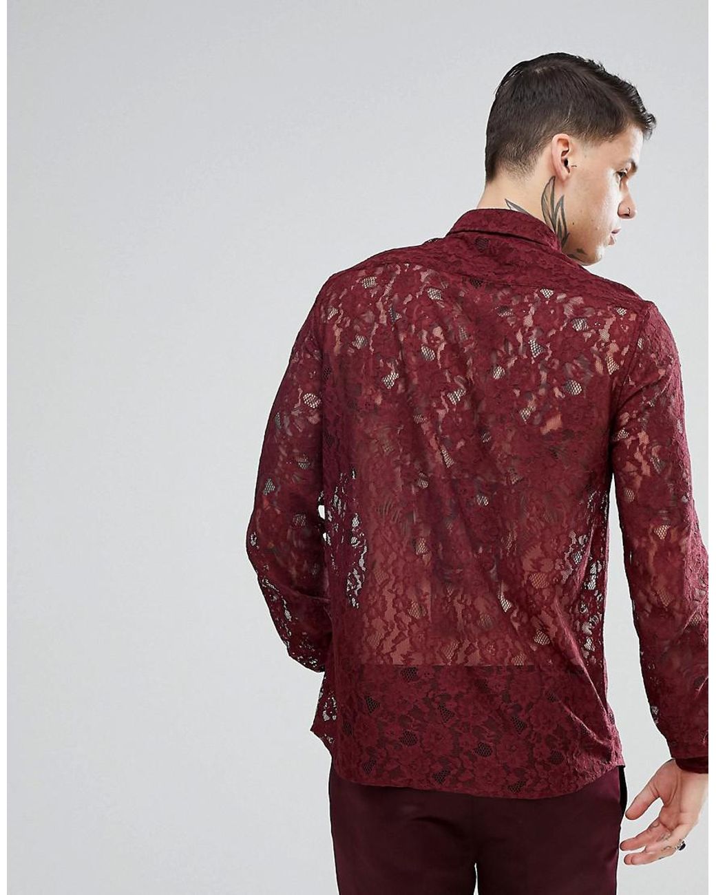 ASOS Design Regular Fit Lace Shirt In Burgundy in Red |