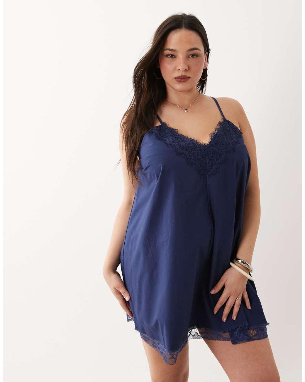 ASOS Blue Asos Design Curve Cami V Neck Mini Sundress With Lace Overlay