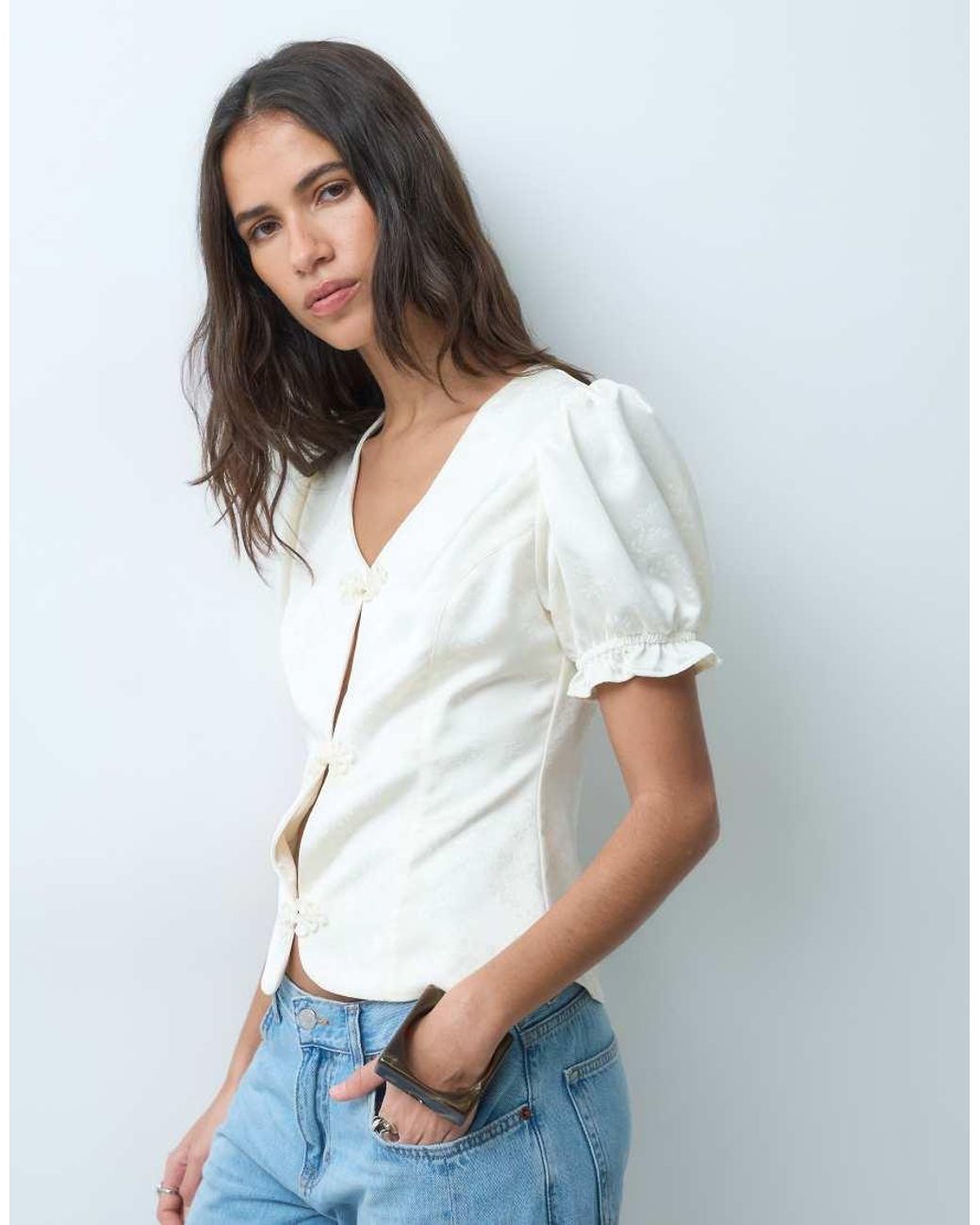 Miss Selfridge Blue Satin Jacquard Mandarin Inspired Top
