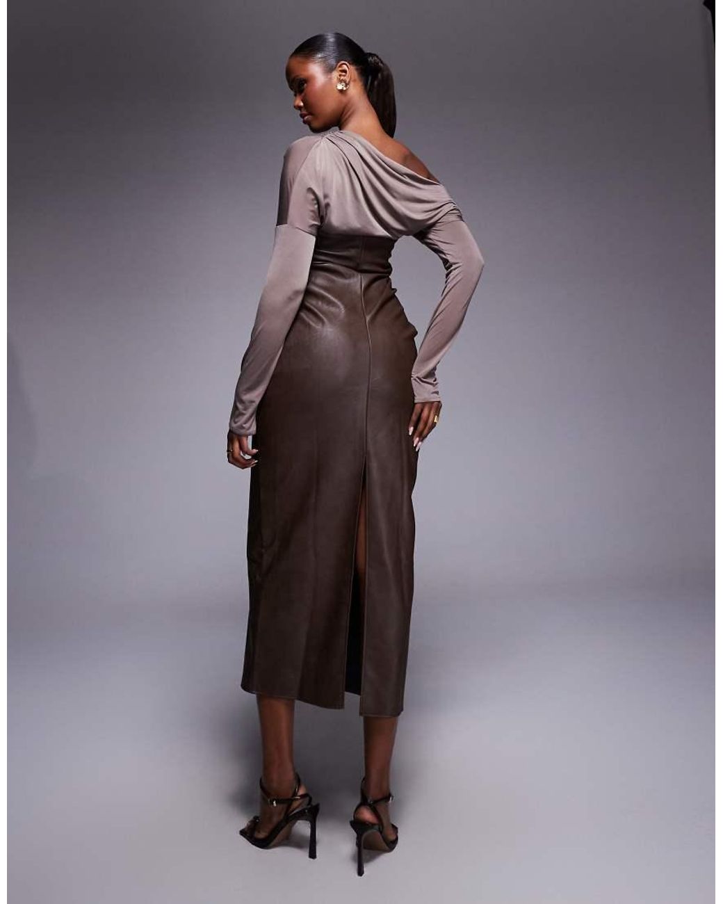 ASOS Brown Fallen Shoulder Pu Bandeau Midi Dress