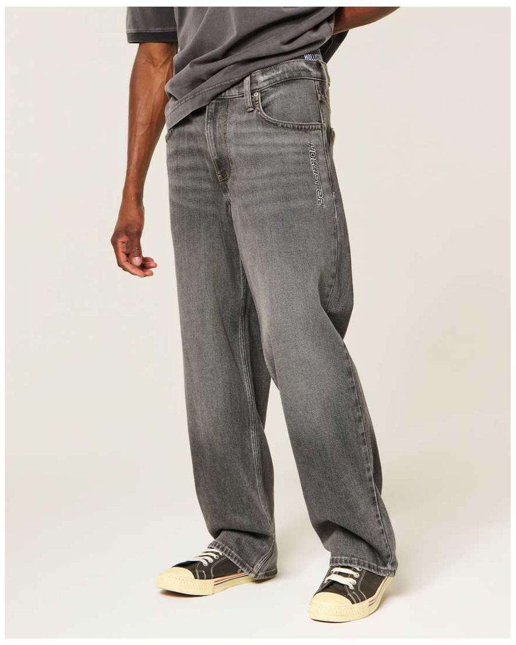 Hollister Black Low-Rise Logo Graphic Baggy Jeans for men
