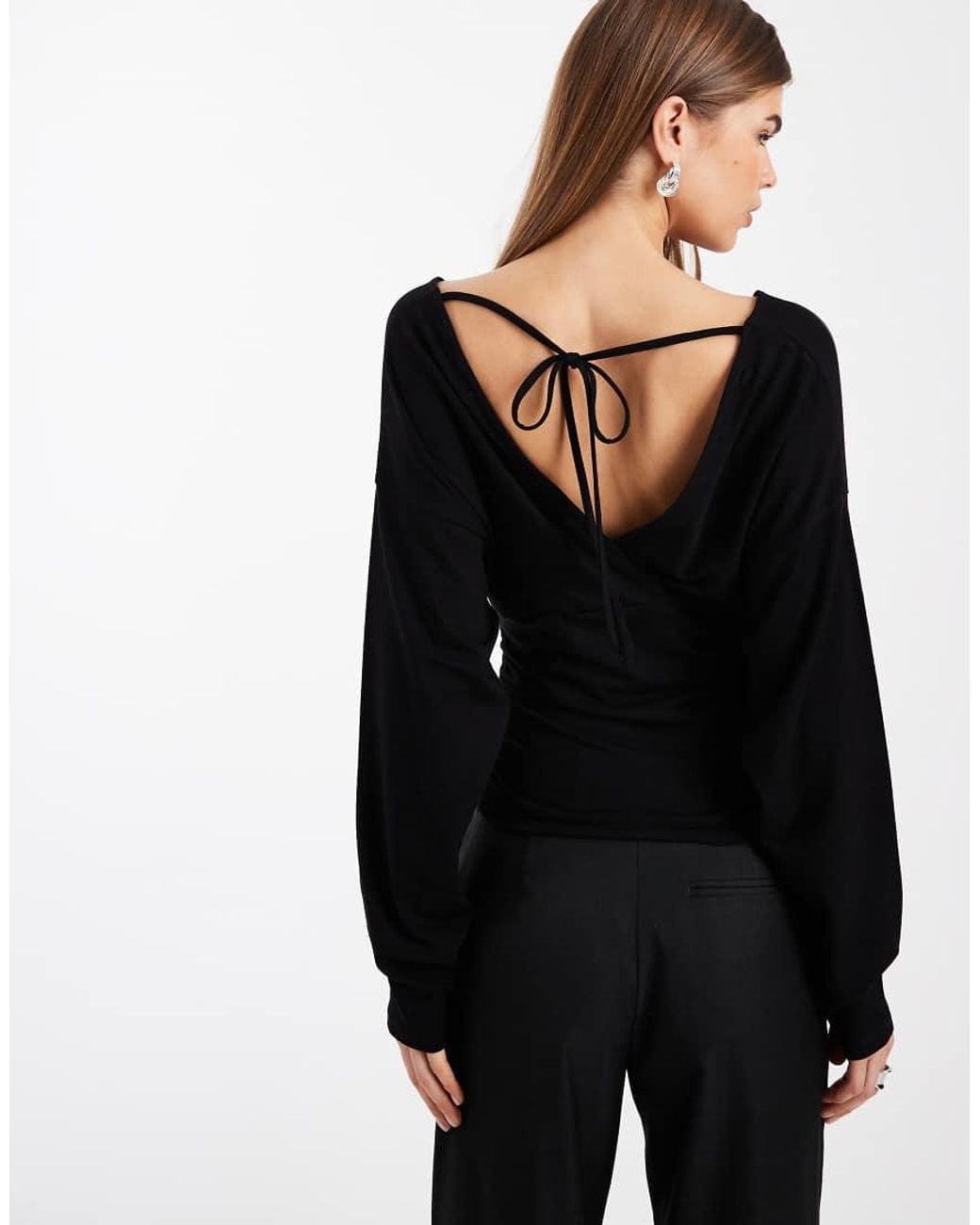 ASOS Black Plunge Neck Batwing Cinched Top