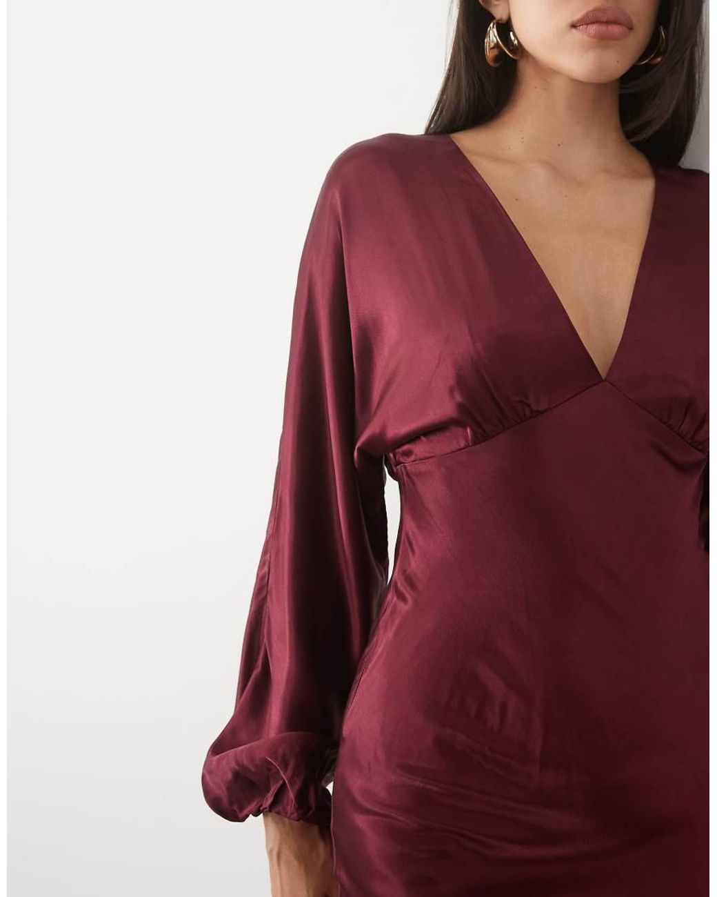 Nobody's Child Red Allura Satin Plunge Neck Blouson Sleeve Midi Dress
