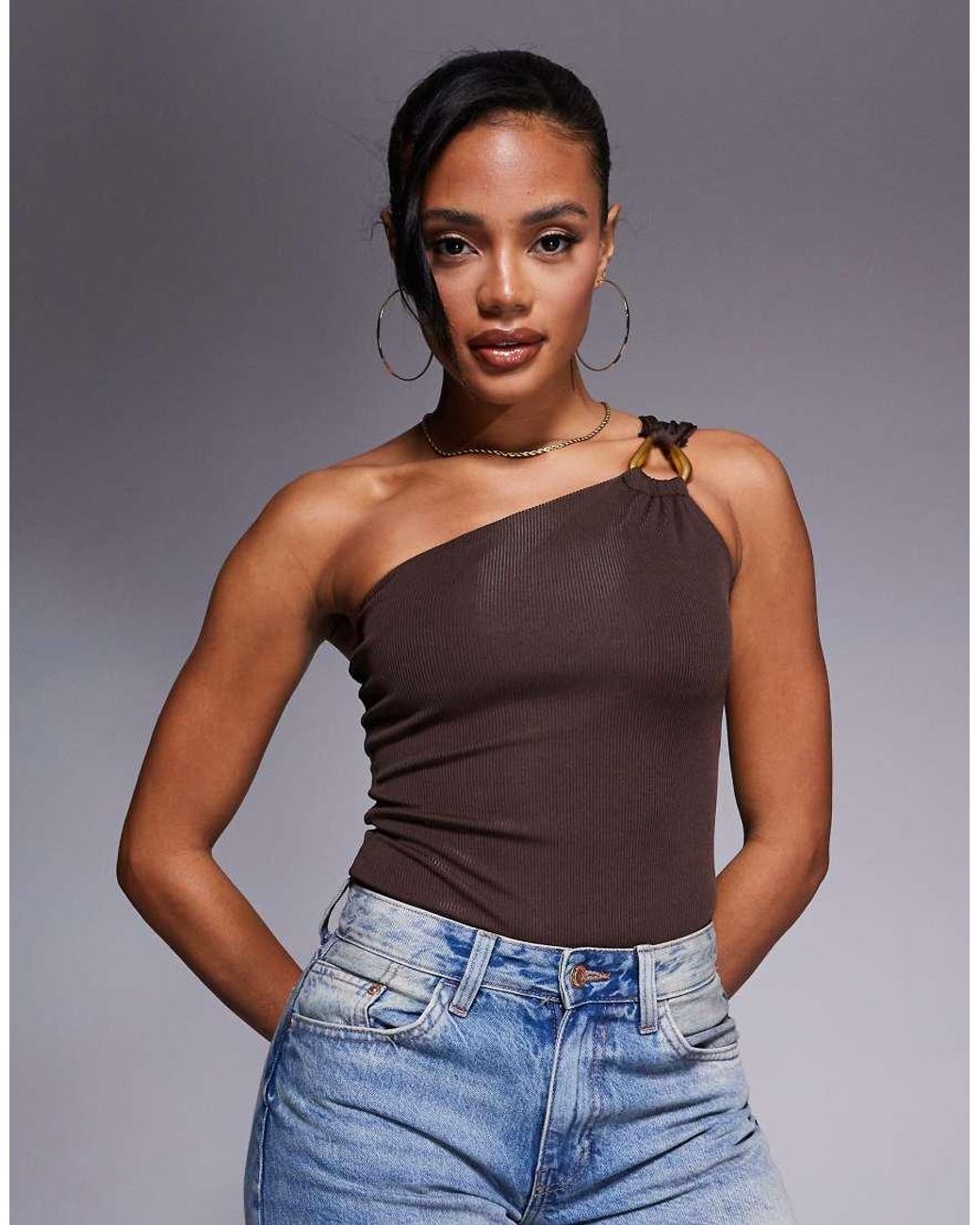 River Island Gray One Shoulder Trim Bodysuit