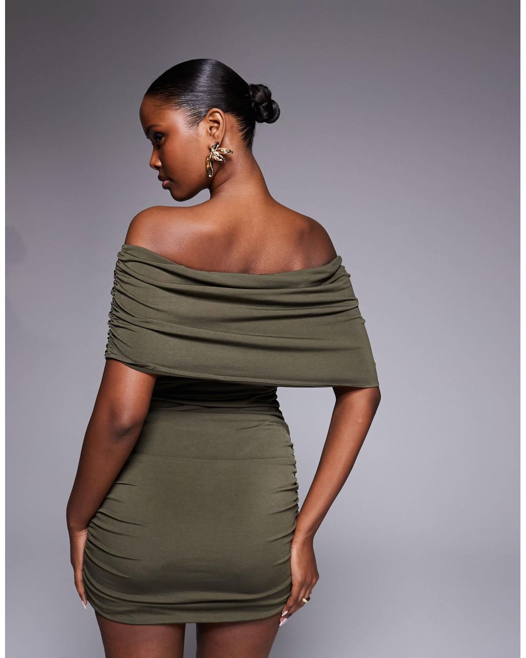 Ruched & Ready Gray Sculpted Off Shoulder Gold Hardware Ruched Drape Detail Bodycon Mini Dress