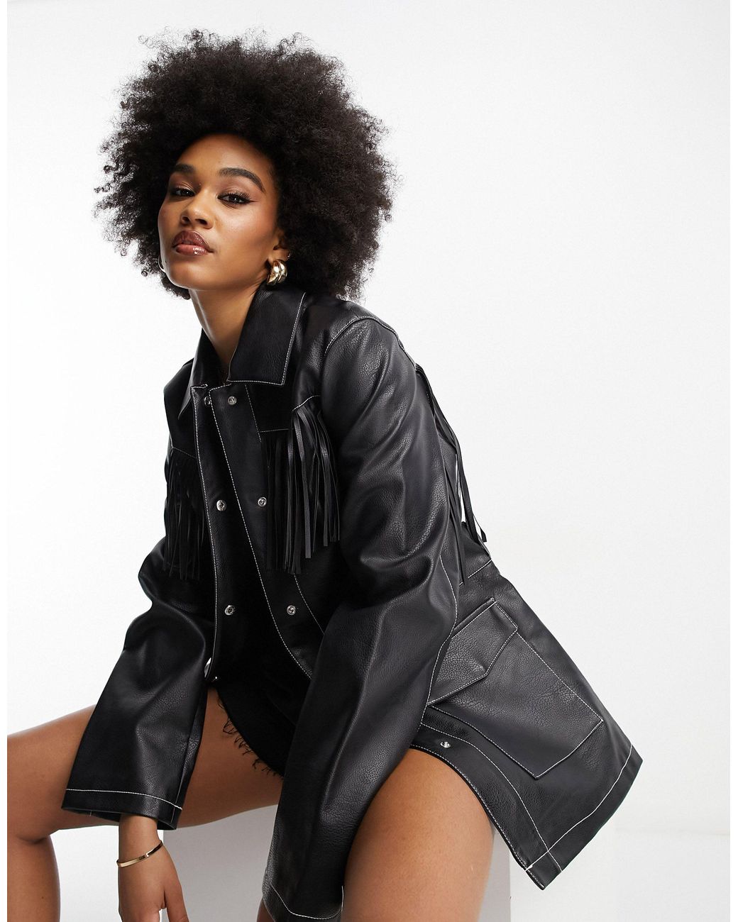 ASOS Asos Design Tall Faux Leather Festival Fringe Jacket in Black