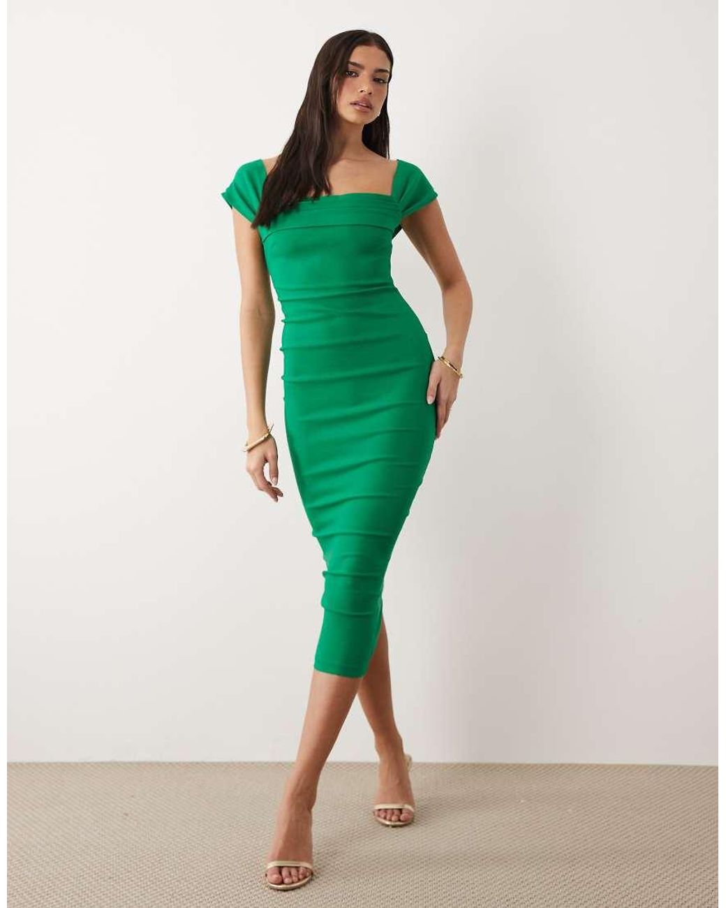 Vesper Green Bengaline Bardot Off Shoulder Bodycon Midaxi Dress
