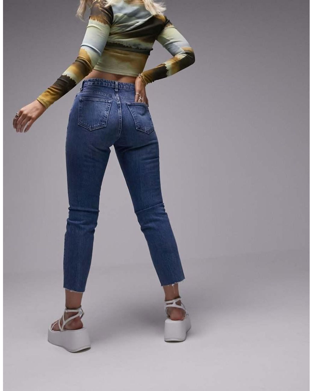 Topshop Hourglass Blue Mid Rise Straight Cropped Jeans With Raw Hems