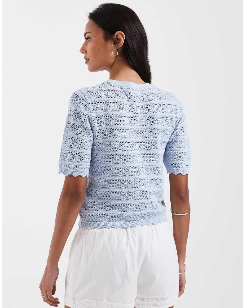 Brave Soul Blue Crochet Knit Short Sleeve Cardigan With Scallop Detail