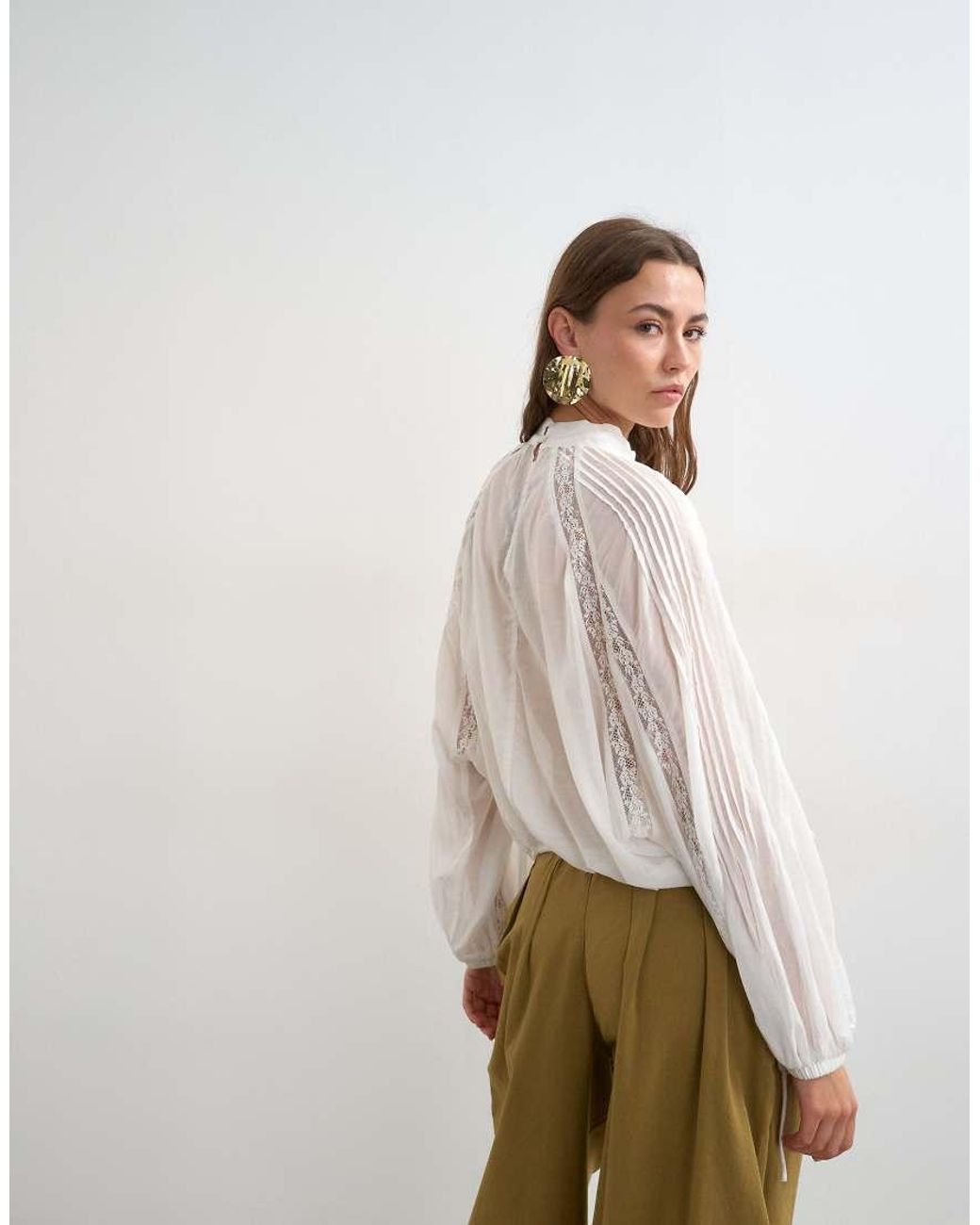 TOPSHOP Natural Lace Trim Ruched Side Blouse