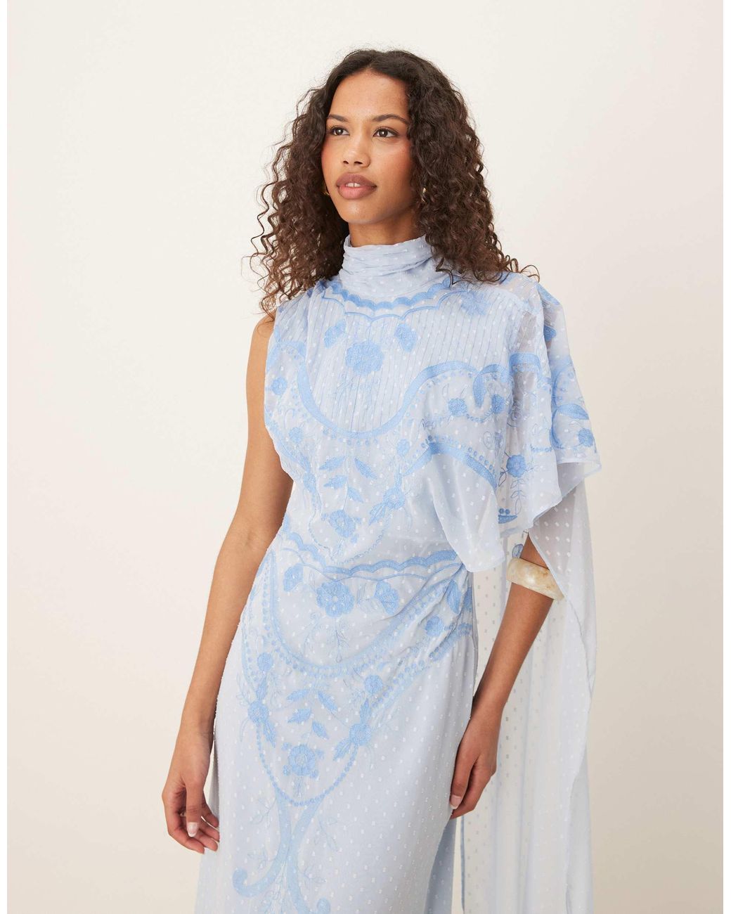 ASOS Embroidered Cape Train Maxi Dress in White | Lyst