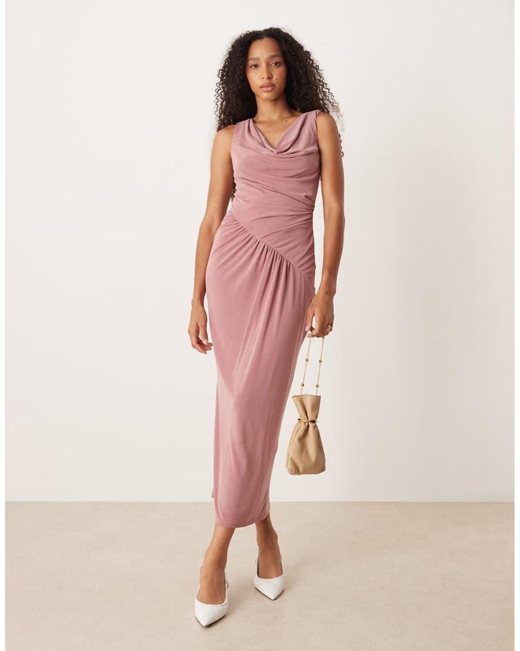ASOS Pink Asym Cowl Ruched Midi Dress