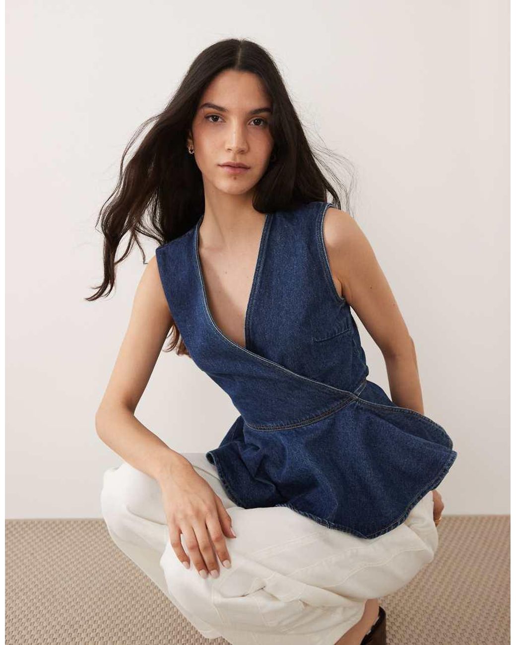 River Island Blue Peplum Tie Denim Top