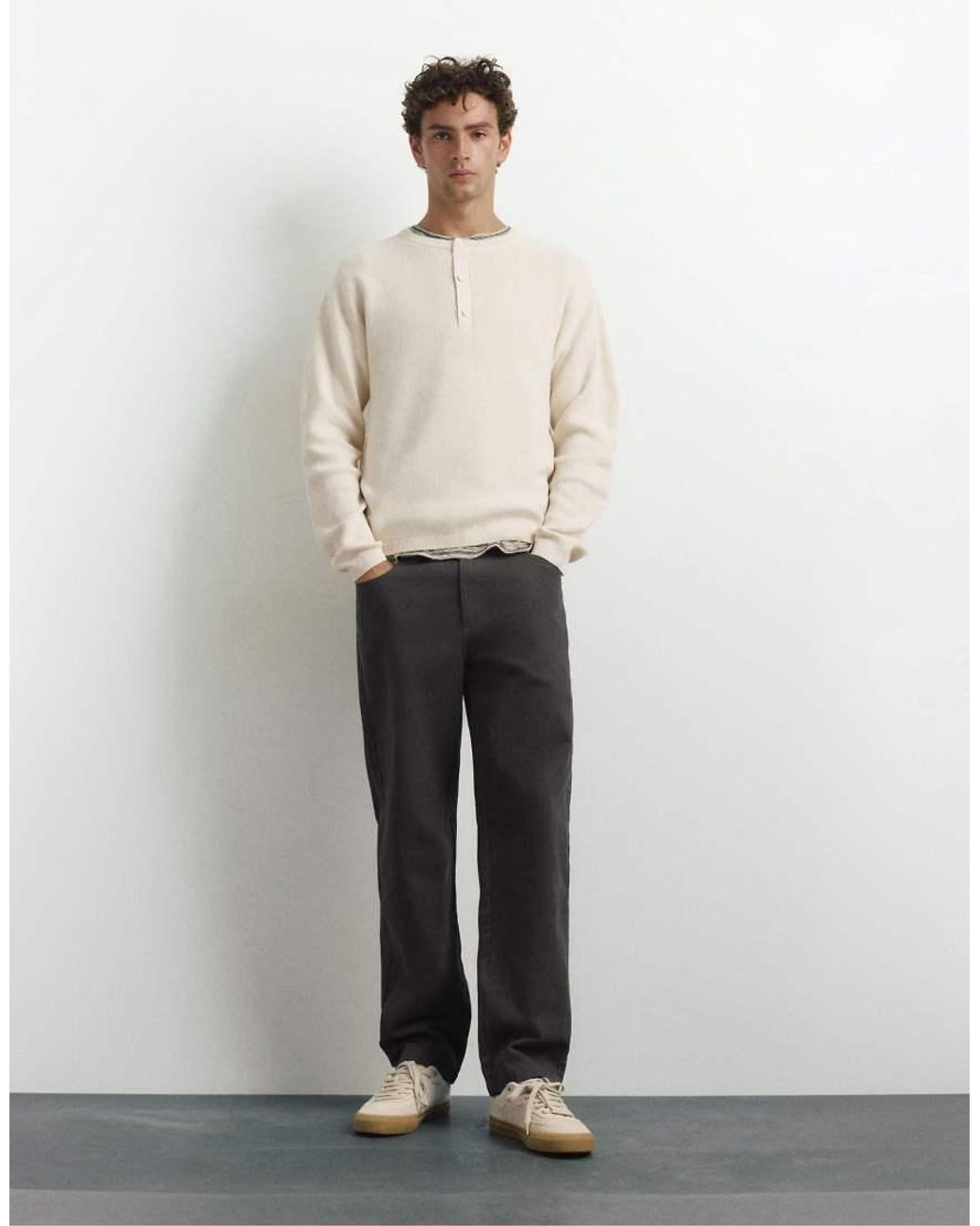 Pull&Bear Natural Henley Neck Jumper for men