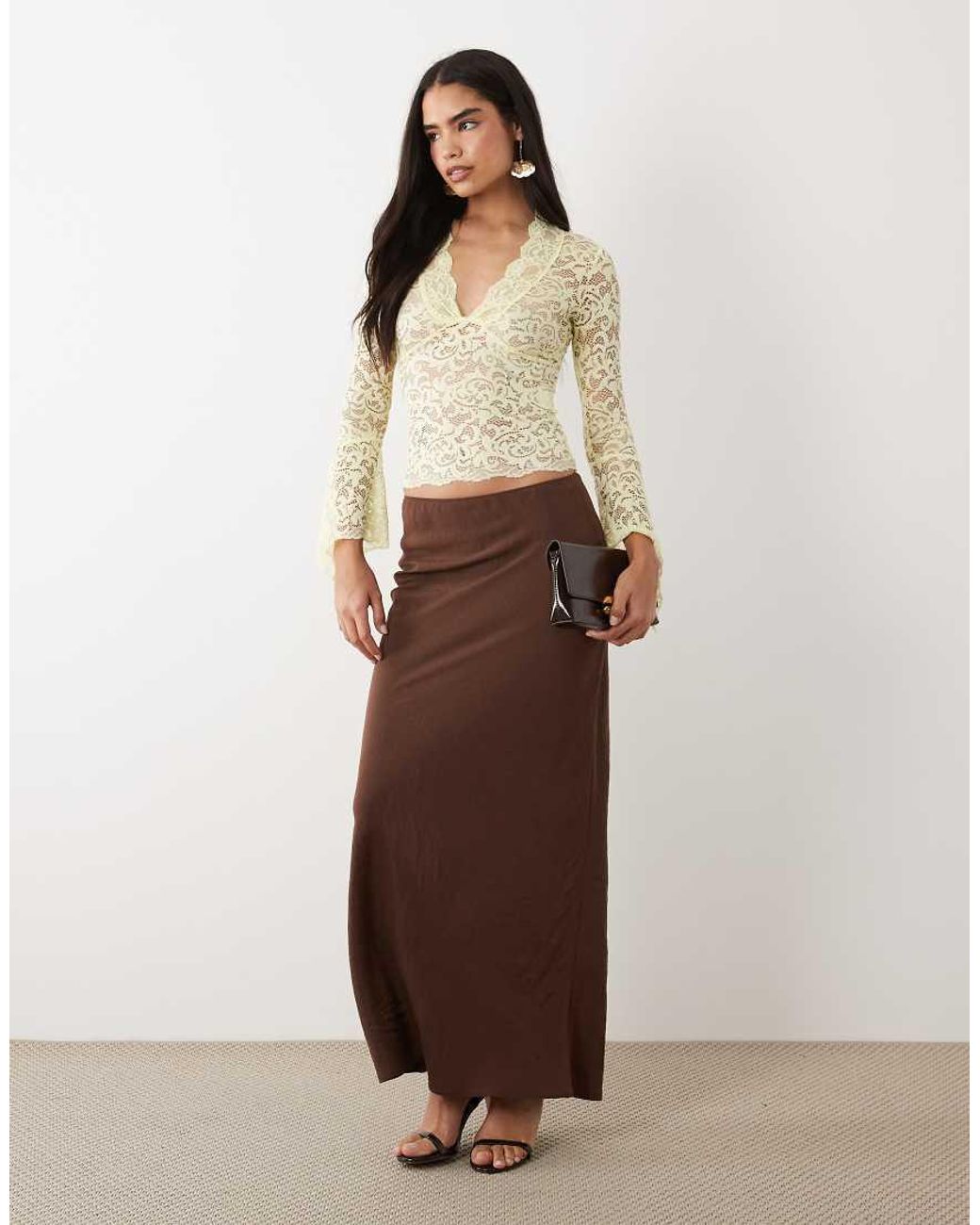 I.AM.GIA Natural Gemma Semi Sheer Plunge Neck Long Fluted Sleeve Lace Top