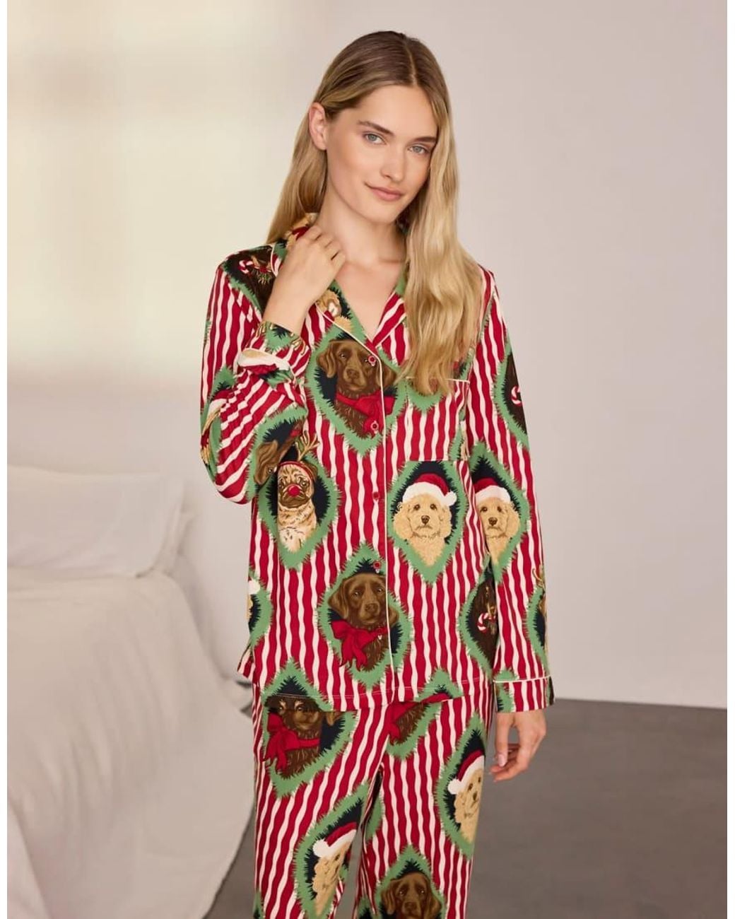 Chelsea Peers Pink Christmas Chip & Friends Stripe Print Long Pyjama Set