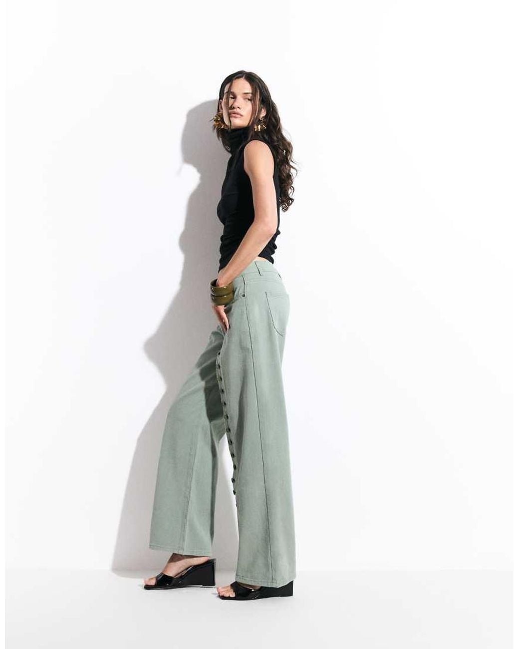 Lioness Green Penny Asymmetric Button Detail Relaxed Leg Jeans
