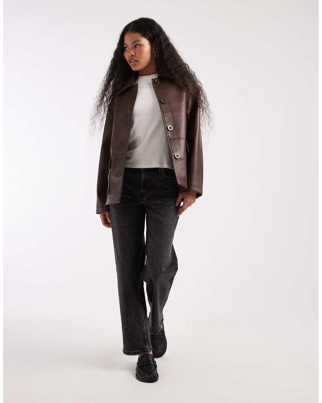 ASOS Brown Asos Design Petite Leather Look Harrington Jacket