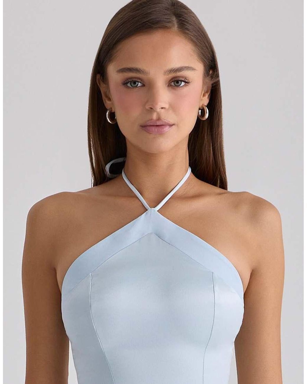 House Of Cb Blue Avelina Satin Halter Neck Godet Maxi Dress