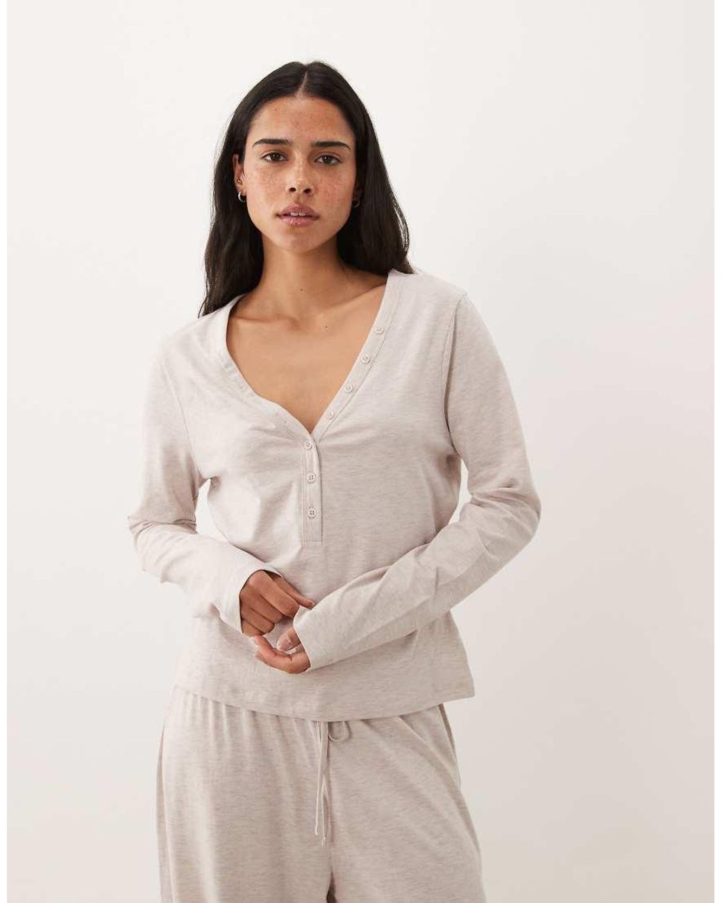 ASOS Natural Mix & Match Long Sleeve Plunge Henley Pyjama Top