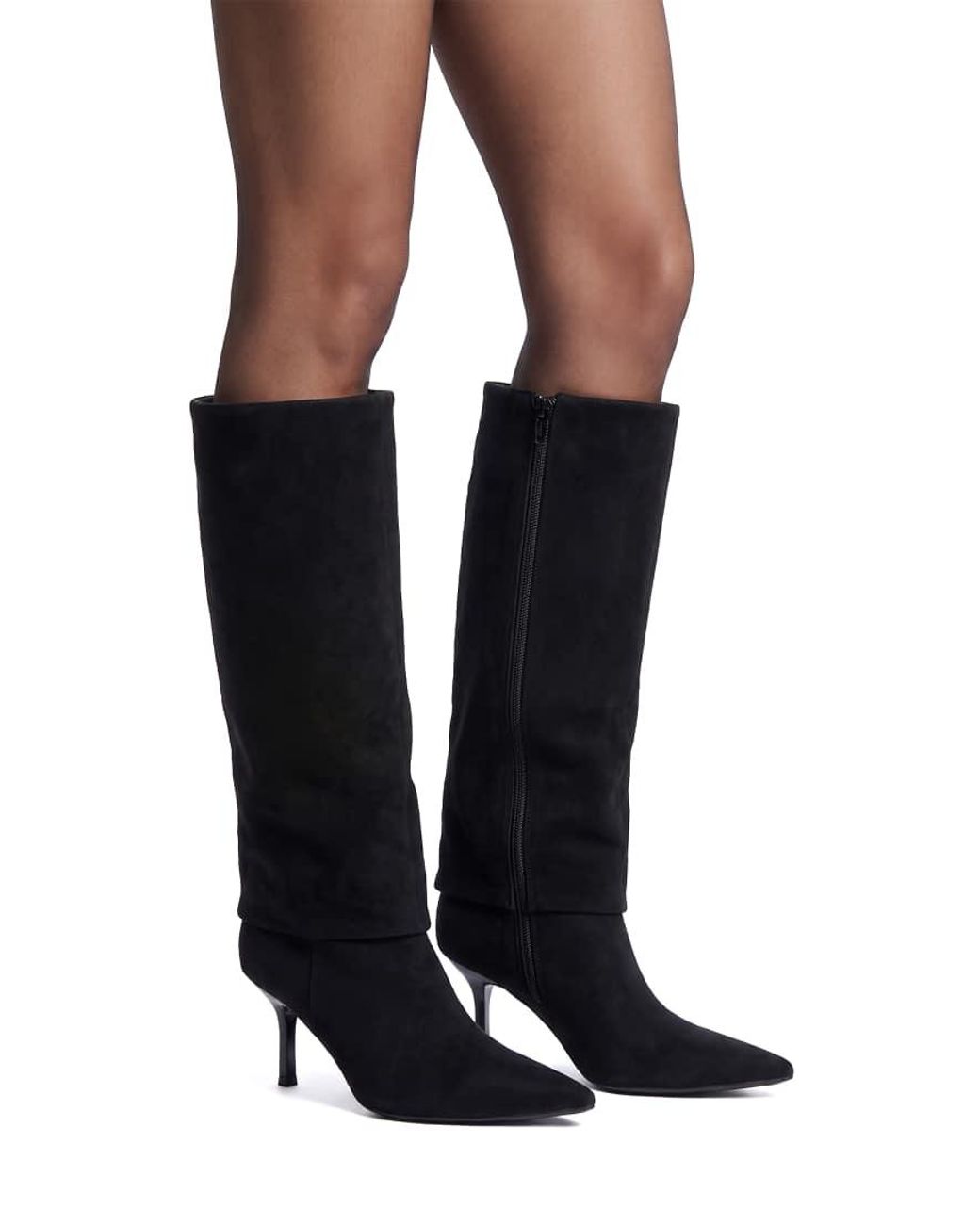 SEQWL Black Fold Over Knee High Boots Stiletto Heels With Pointed Toe