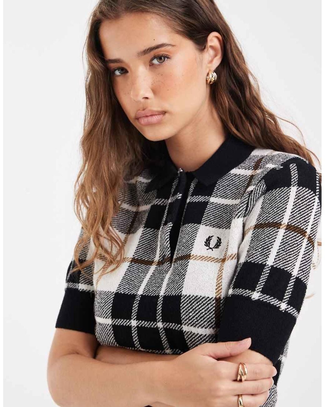 Fred Perry Gray Tartan Boucle Knitted Polo Shirt