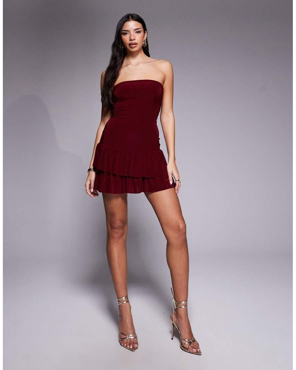 Fashionkilla Purple Exclusive Double Sculpted Slinky Bandeau Drop Waist Ruffle Hem Mini Dress