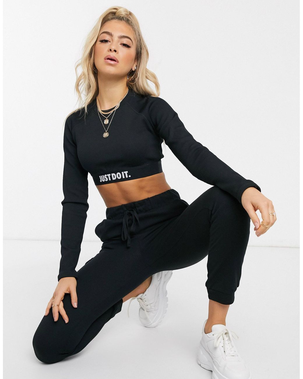 Nike Black Ribbed Just Do It Long Sleeve Crop Top | Lyst