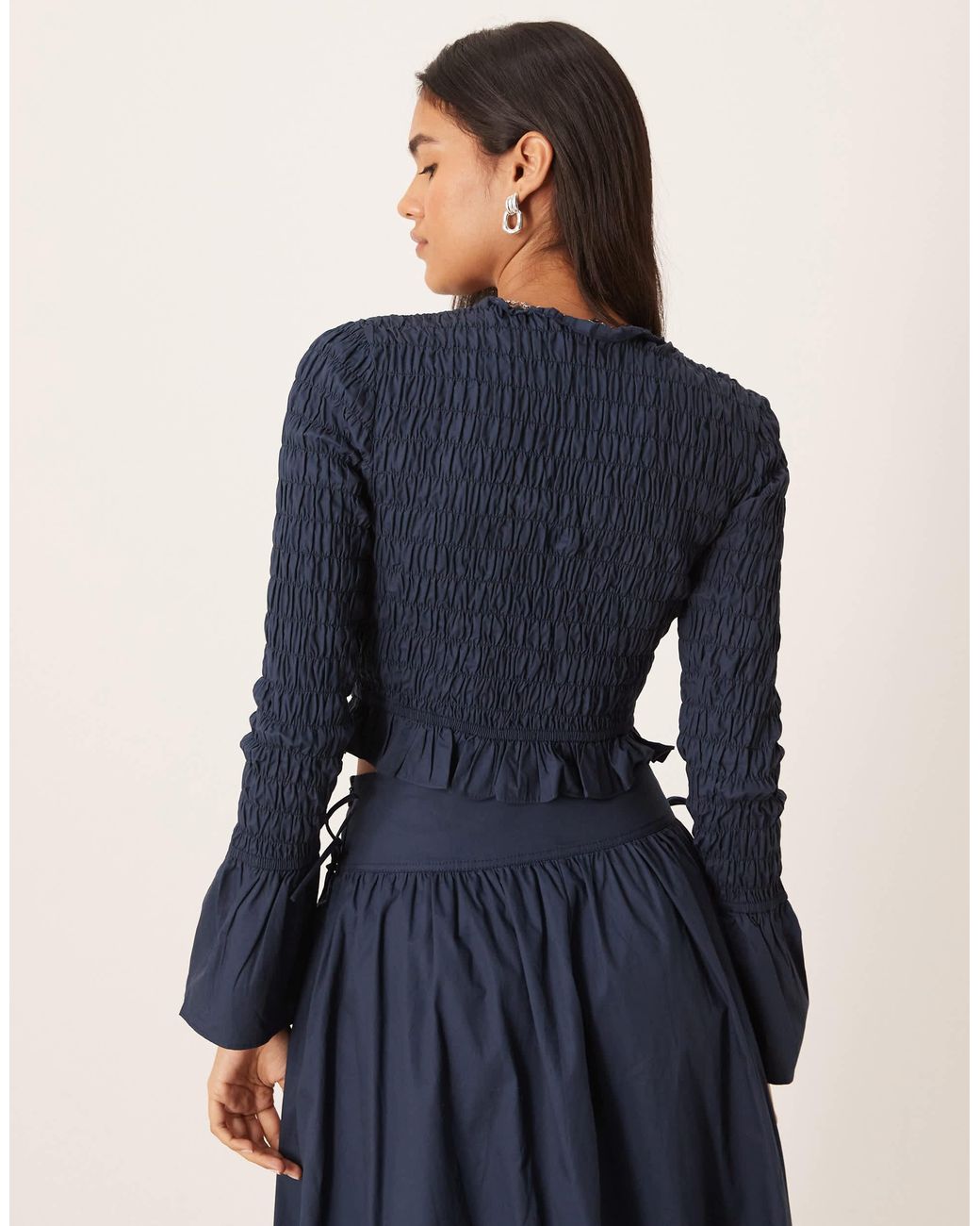 Glamorous Blue Long Sleeve Shirred Top