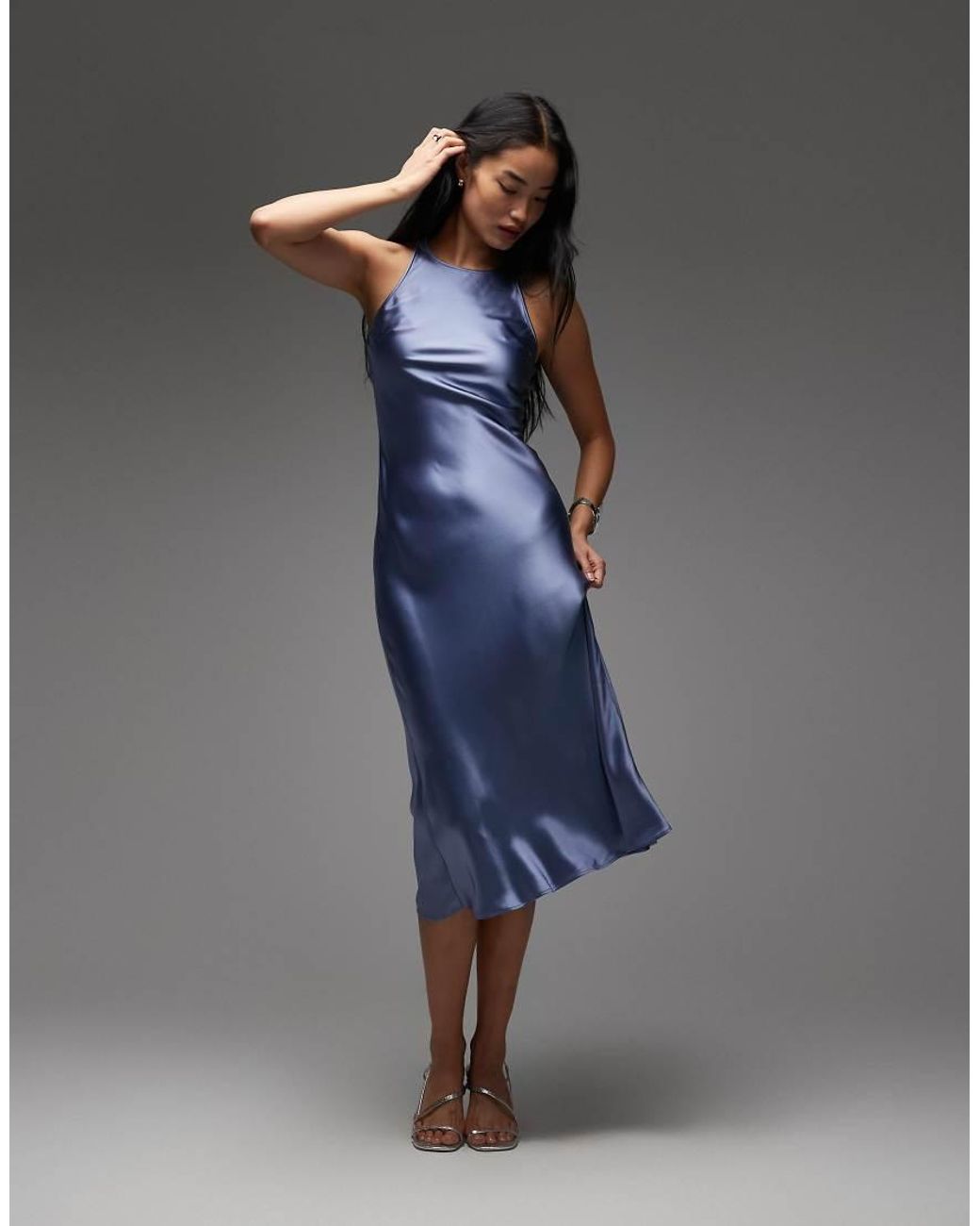 & Other Stories Blue Bias Cut Satin Midi Dress