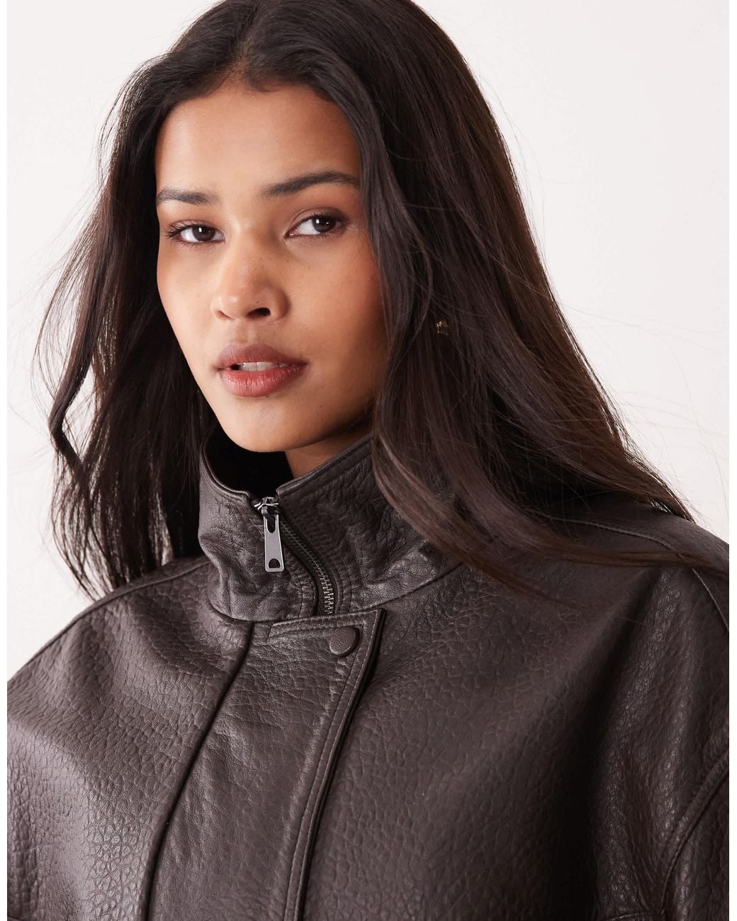 Mango Brown Capsule 100% Leather Funnel Neck Jacket