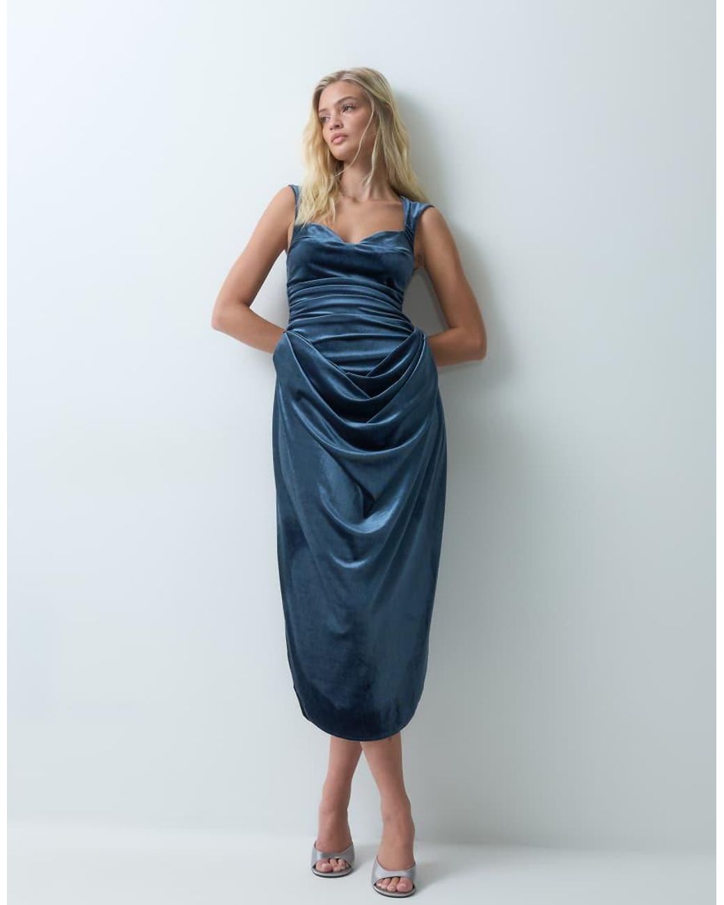 ASOS Blue Structured Velvet Midi Dress With Draped Skirt