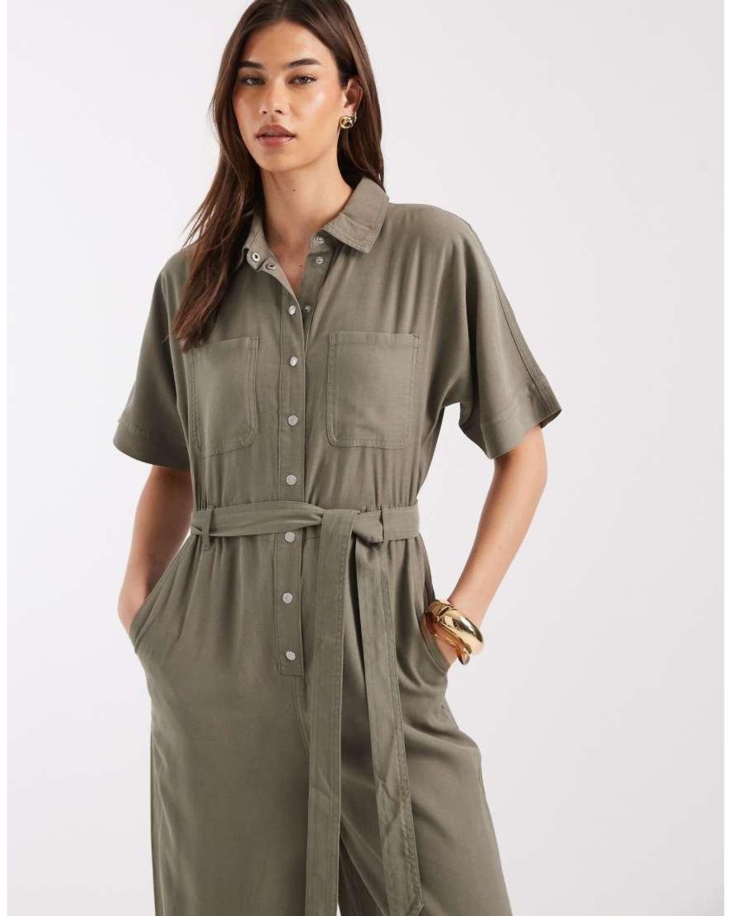 ONLY Green Tie Waist Short Sleeve Jumpsuit