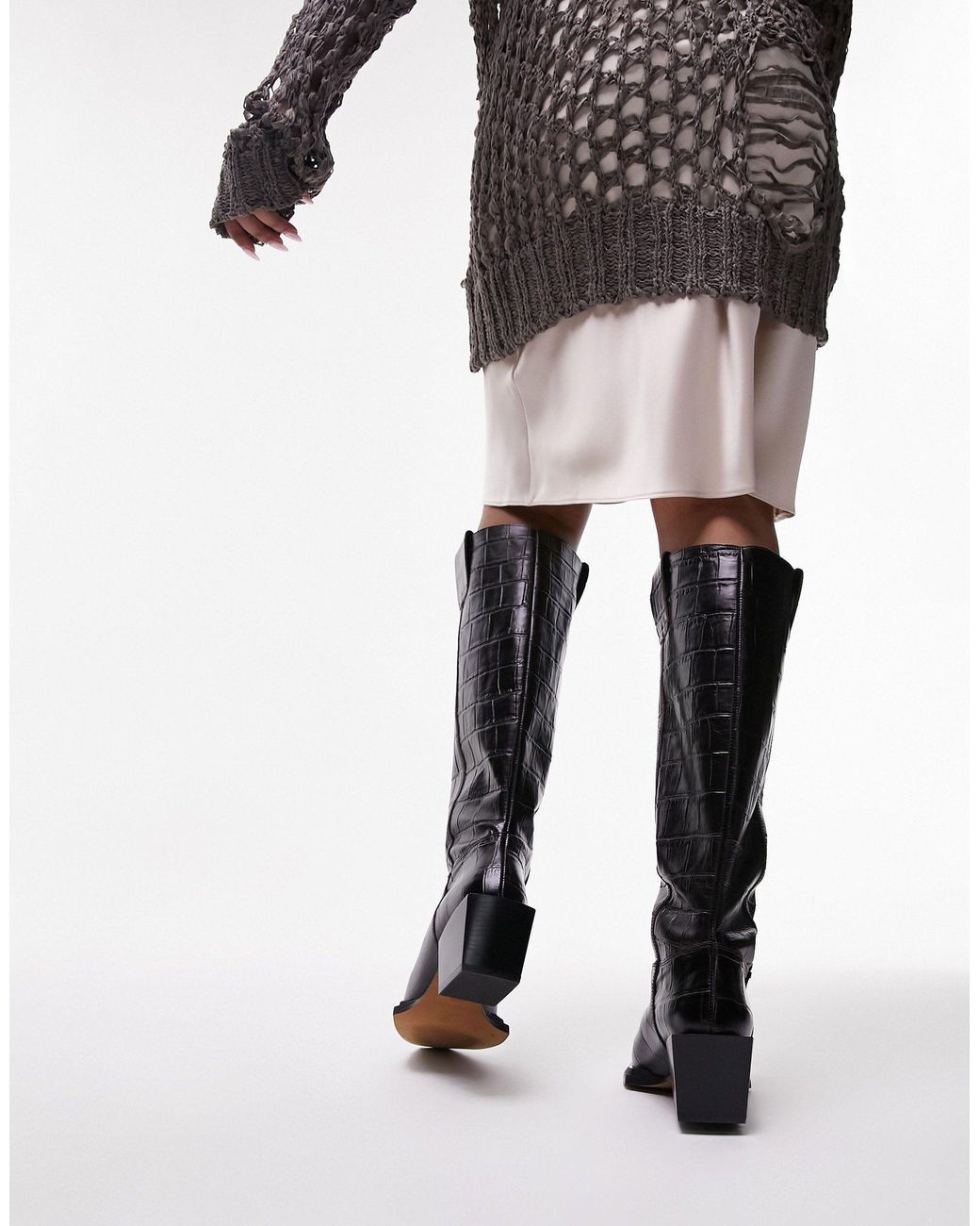 Rio bottes hauteur genou en cuir style santiags effet croco