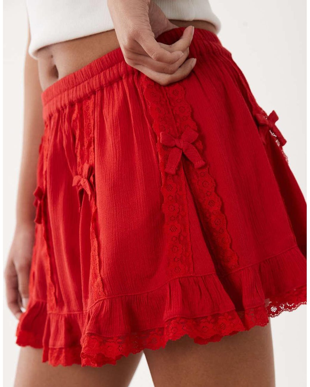Miss Selfridge Red Cheesecloth Mini Skirt With Bows
