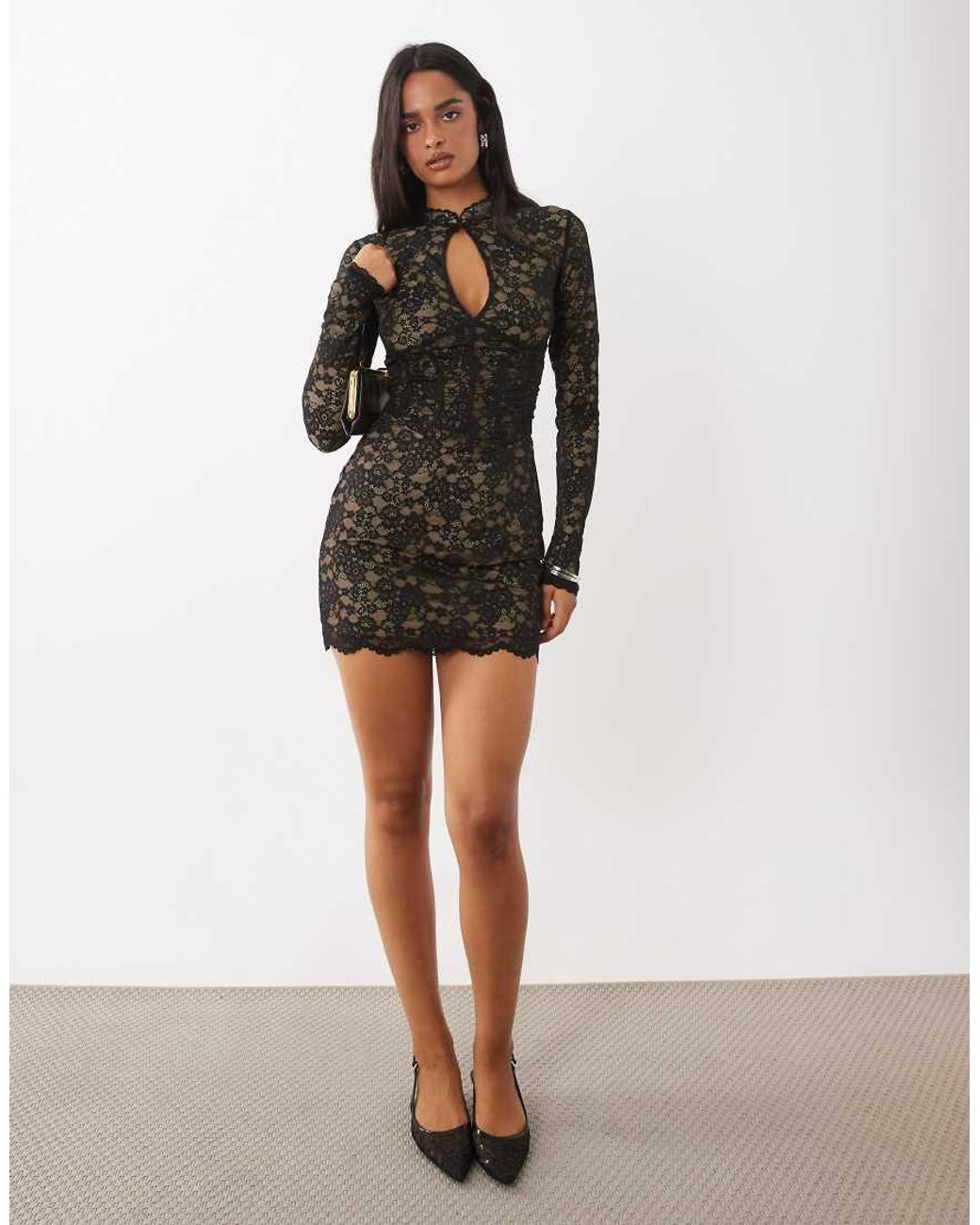 Oh Polly Black Lace Mandarin Collar Cut Out Detail Long Sleeve Mini Dress