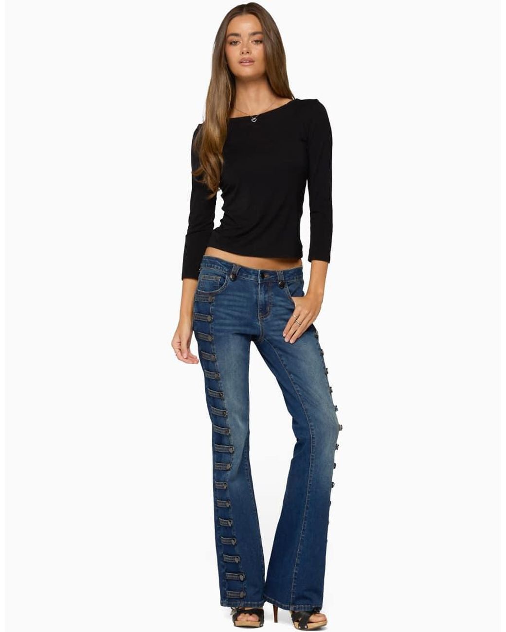 Edikted Blue Bailie Lace Back Three-Quarter Sleeve Top