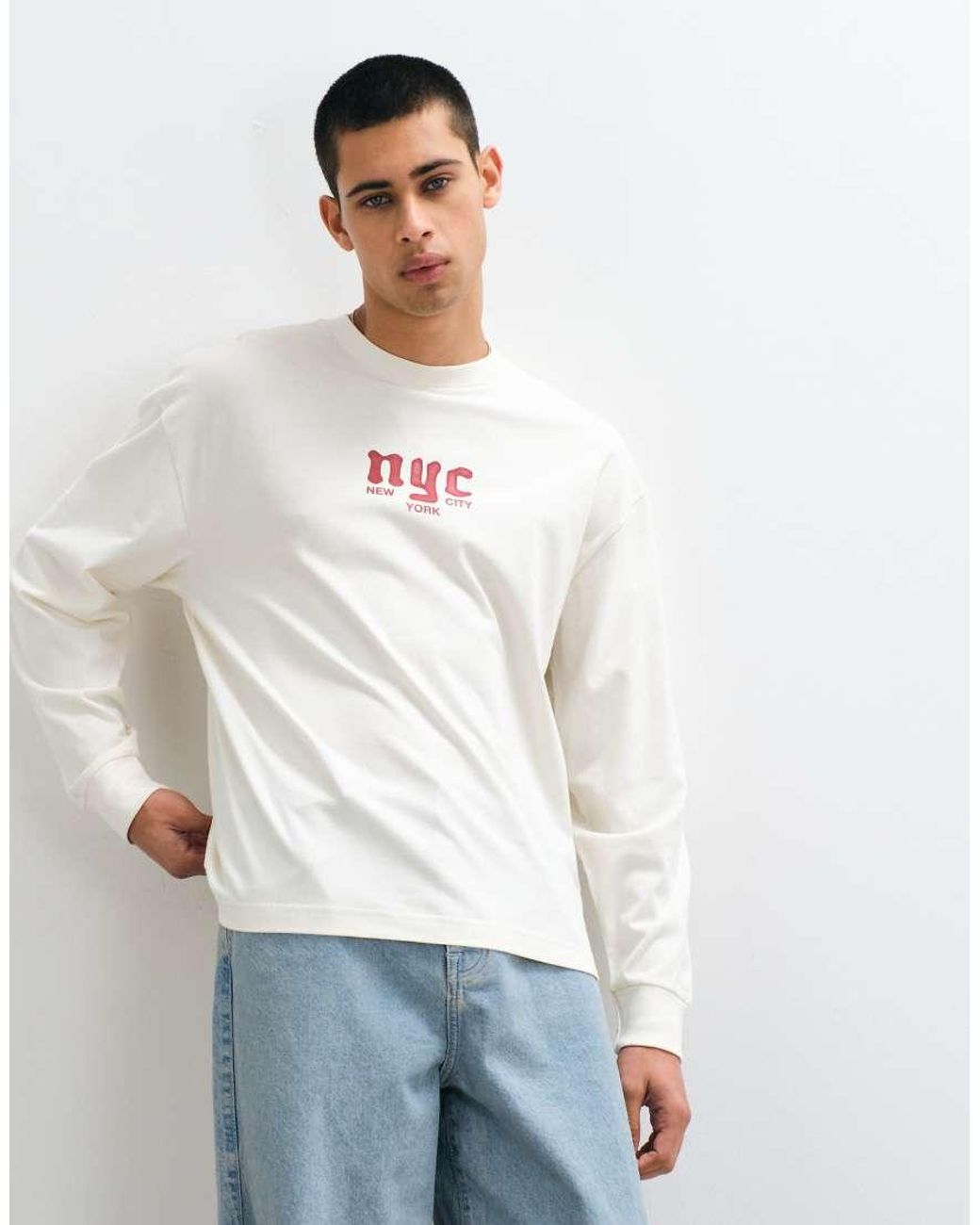 Hollister White Grunge Nyc Back Graphic Long Sleeve T-shirt for men