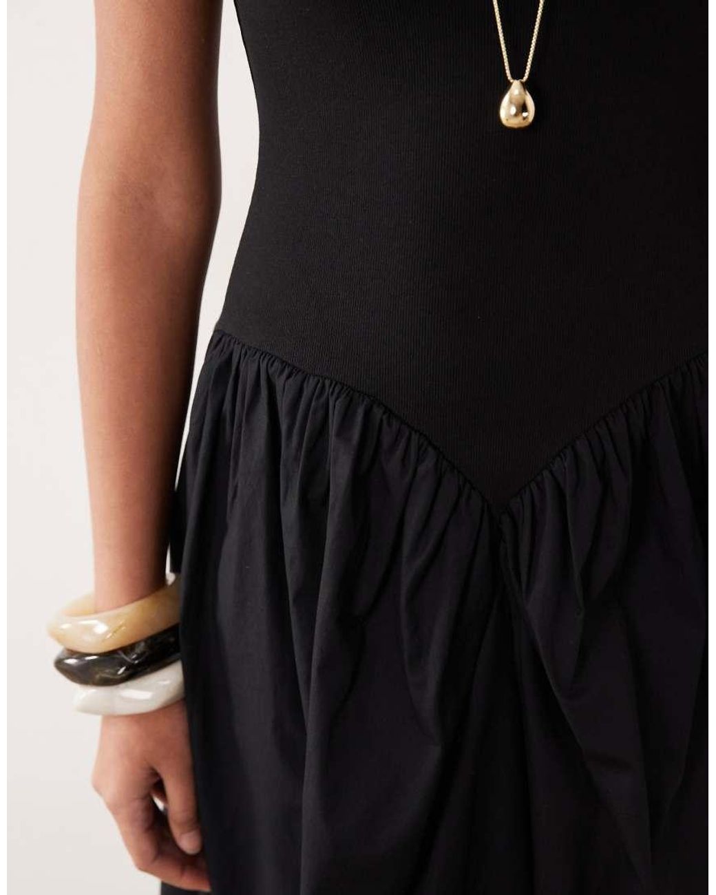 ASOS Black Basque Waist Midi Dress With Woven Skirt
