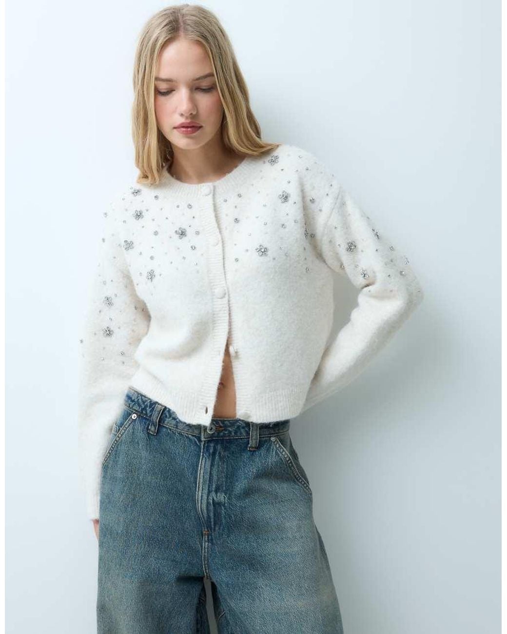 Miss Selfridge White Embellished Button Through Pocket Detail Cardigan