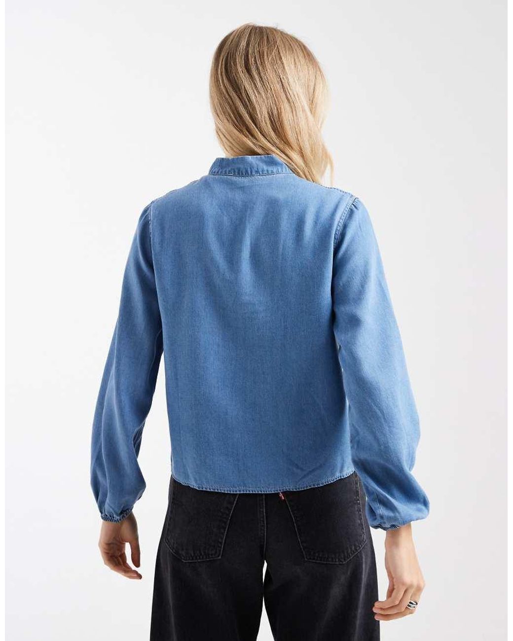 Mango Blue Teen Tie Neck Long Sleeve Denim Blouse